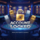Digital interface of an online casino account displaying an 'Access Denied' message with a prominent padlock icon, surrounded by glowing symbols for live chat, email, and phone support, representing emergency recovery and security.