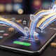 Sleek mobile online casino interface showing a 'Withdrawal Successful' notification with glowing digital streams flowing towards generic bank and e-wallet icons, symbolizing fast and secure payouts.