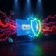 Digital representation of an online casino interface protected by a glowing blue shield, with abstract red and purple hacker symbols and data streams attempting to breach it, symbolizing cybersecurity threats and protection for Malaysian players.