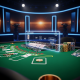 Immersive view of a live dealer blackjack table with physical cards, chips, and a transparent digital interface overlay, set in a premium online casino studio.