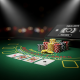 Vibrant online blackjack table interface with virtual cards, chips, and a digital display indicating table limits, set in a luxurious online casino environment.